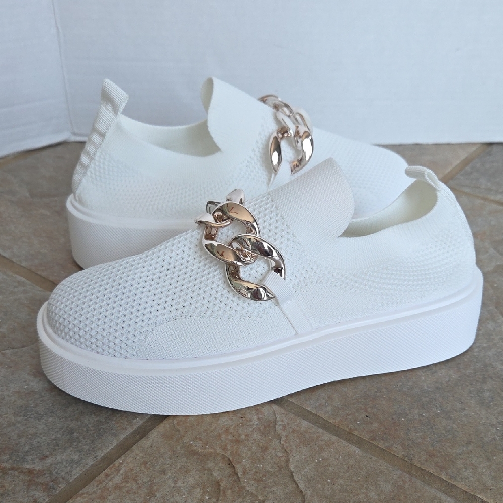 White Mesh Slip-On Sneakers Silvertone Chain Detail Chunky Wedge NWOT Sz 10